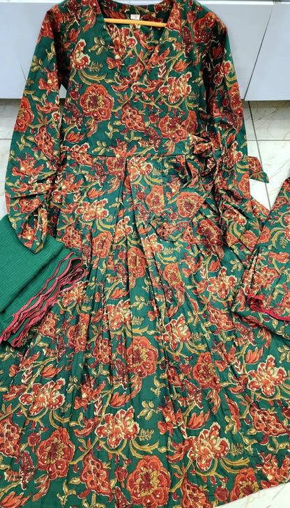 Women’s Noor Anarkali Cotton Suit Set | English Green Anarkali with Soft Pure Cotton Kota Doria Dupatta