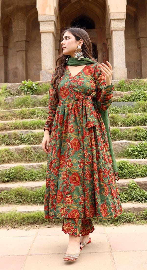 Women’s Noor Anarkali Cotton Suit Set | English Green Anarkali with Soft Pure Cotton Kota Doria Dupatta