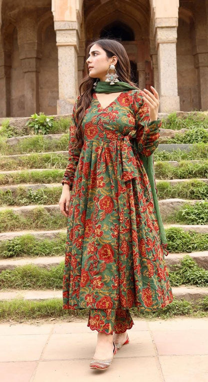 Women’s Noor Anarkali Cotton Suit Set | English Green Anarkali with Soft Pure Cotton Kota Doria Dupatta