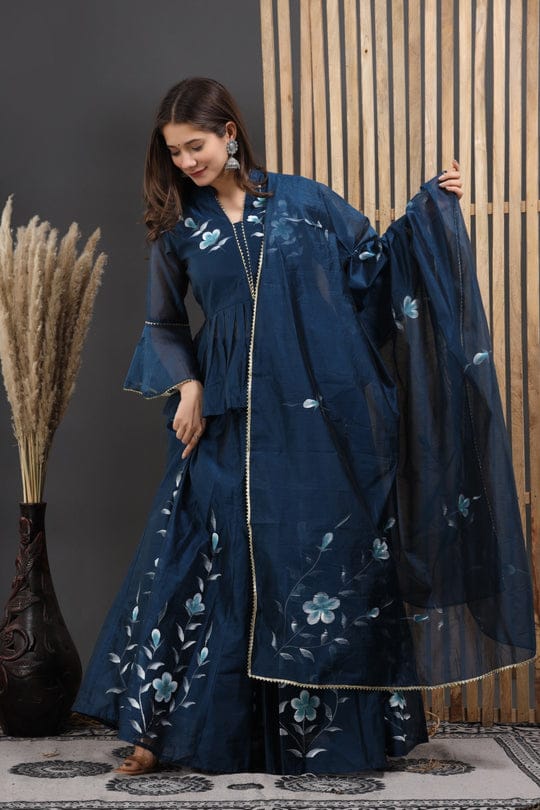 Women’s Peach & Blue Chanderi Hand-Painted Lehenga Choli Set | Bell Sleeve Blouse with Frill Lehenga & Dupatta