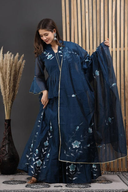 Women’s Peach & Blue Chanderi Hand-Painted Lehenga Choli Set | Bell Sleeve Blouse with Frill Lehenga & Dupatta