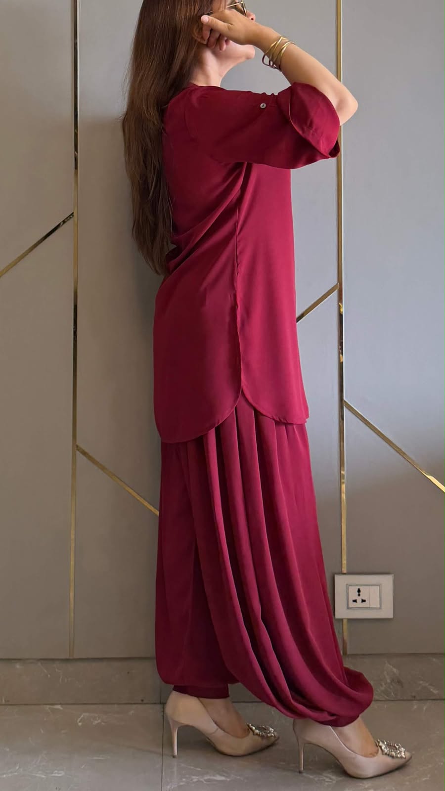 Women’s Premium Cotton Wine Co-ord Set | Button Detail Kurta with Flared Sleeves & Balloon Salwar