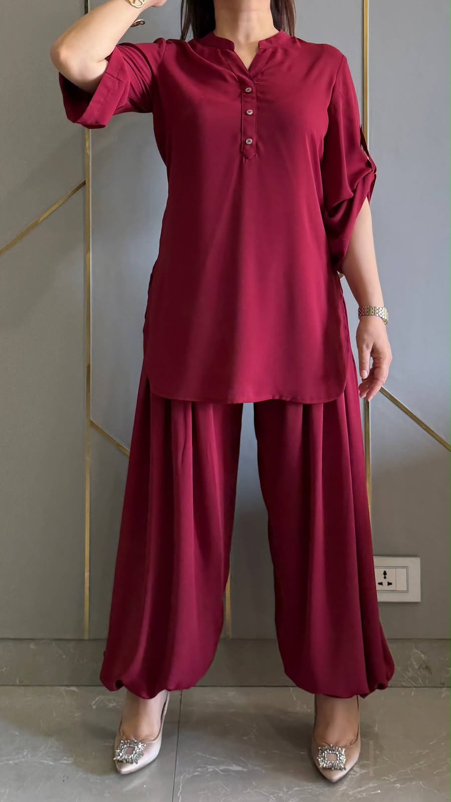 Women’s Premium Cotton Wine Co-ord Set | Button Detail Kurta with Flared Sleeves & Balloon Salwar