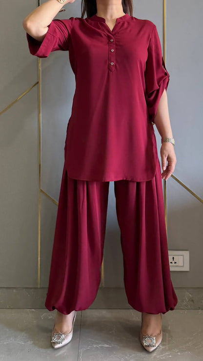 Women’s Premium Cotton Wine Co-ord Set | Button Detail Kurta with Flared Sleeves & Balloon Salwar