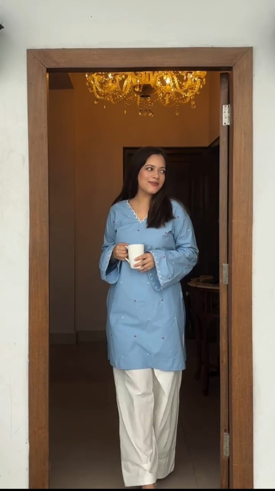 Women’s Sky Blue Hand Adda Work Kurti with White Farsi Pant | V-Neck Embroidered Kurti | Premium 2-Piece Set