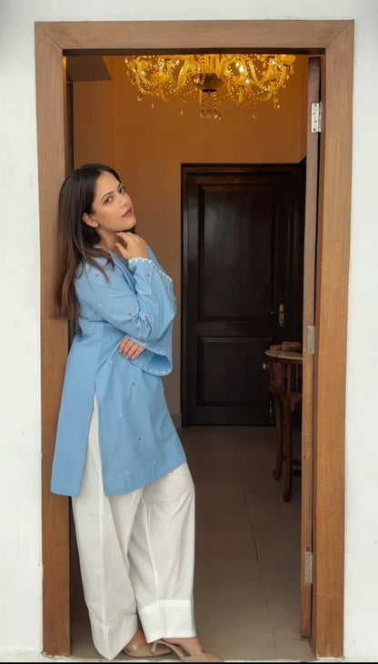 Women’s Sky Blue Hand Adda Work Kurti with White Farsi Pant | V-Neck Embroidered Kurti | Premium 2-Piece Set