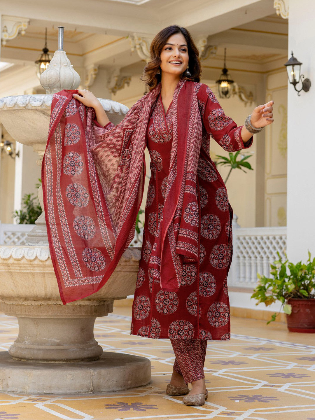 Women’s Pure Cotton 60/60 Heavy Printed Kurti Pant Dupatta Set | Hand Work & Lace Detailing | 3-Piece Showroom Collection