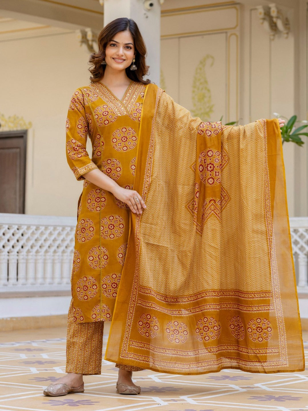 Women’s Pure Cotton 60/60 Heavy Printed Kurti Pant Dupatta Set | Hand Work & Lace Detailing | 3-Piece Showroom Collection