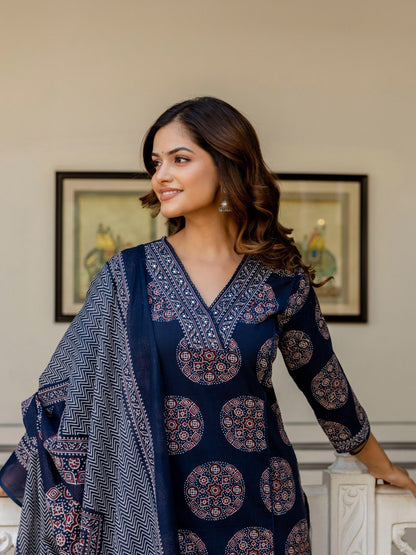 Women’s Pure Cotton 60/60 Heavy Printed Kurti Pant Dupatta Set | Hand Work & Lace Detailing | 3-Piece Showroom Collection