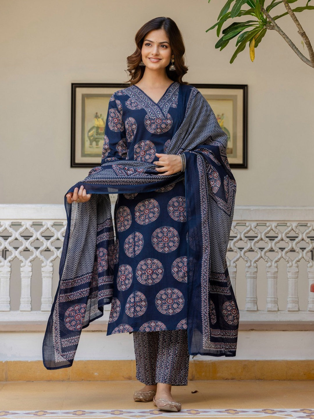 Women’s Pure Cotton 60/60 Heavy Printed Kurti Pant Dupatta Set | Hand Work & Lace Detailing | 3-Piece Showroom Collection