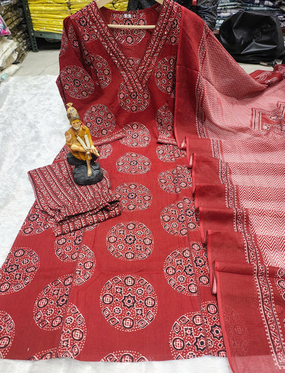 Women’s Pure Cotton 60/60 Heavy Printed Kurti Pant Dupatta Set | Hand Work & Lace Detailing | 3-Piece Showroom Collection