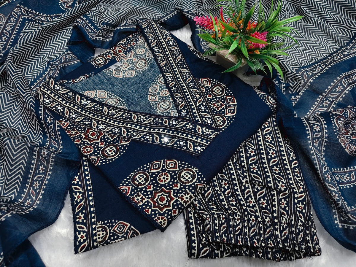 Women’s Pure Cotton 60/60 Heavy Printed Kurti Pant Dupatta Set | Hand Work & Lace Detailing | 3-Piece Showroom Collection