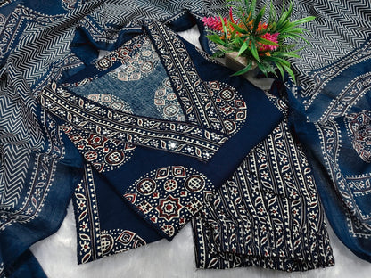 Women’s Pure Cotton 60/60 Heavy Printed Kurti Pant Dupatta Set | Hand Work & Lace Detailing | 3-Piece Showroom Collection