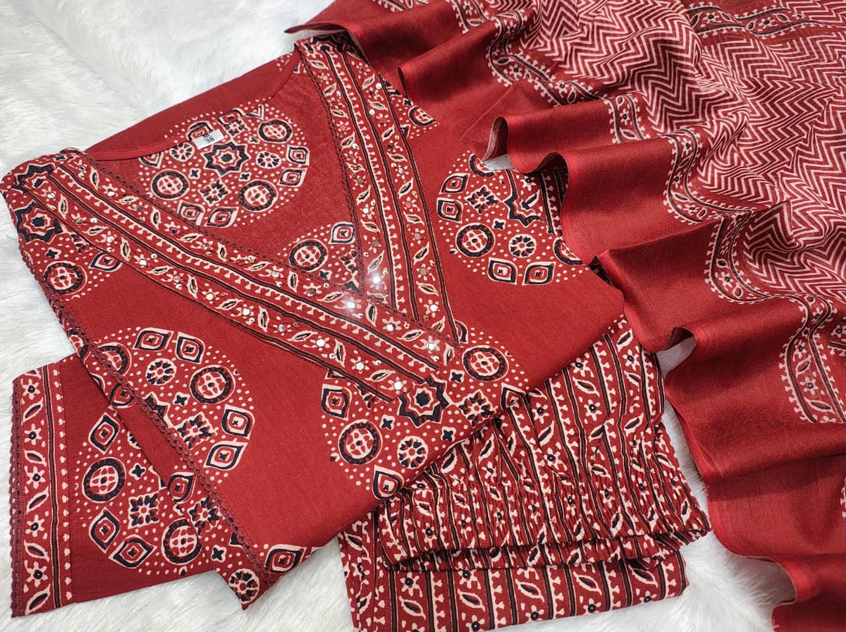Women’s Pure Cotton 60/60 Heavy Printed Kurti Pant Dupatta Set | Hand Work & Lace Detailing | 3-Piece Showroom Collection