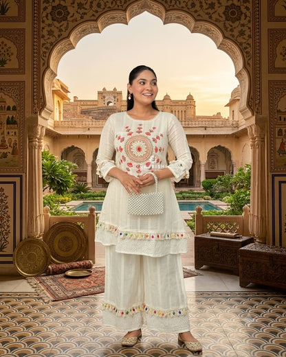 Women’s Pure Cotton Shifflly Party Wear Kurta Pant Set | Heavy Embroidery, Moti & Lace Work with Malmal Lahariya Dupatta