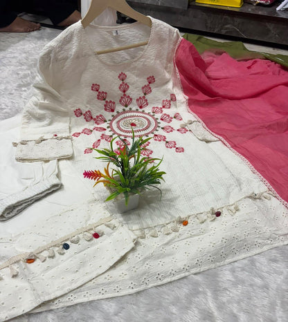 Women’s Pure Cotton Shifflly Party Wear Kurta Pant Set | Heavy Embroidery, Moti & Lace Work with Malmal Lahariya Dupatta