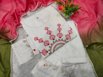 Women’s Pure Cotton Shifflly Party Wear Kurta Pant Set | Heavy Embroidery, Moti & Lace Work with Malmal Lahariya Dupatta