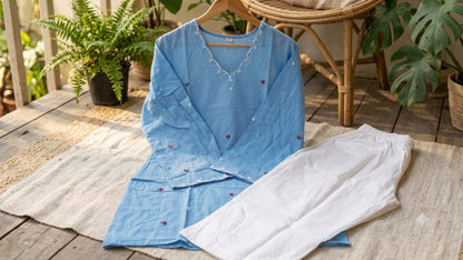 Women’s Sky Blue Hand Adda Work Kurti with White Farsi Pant | V-Neck Embroidered Kurti | Premium 2-Piece Set
