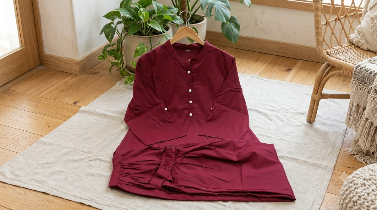 Women’s Premium Cotton Wine Co-ord Set | Button Detail Kurta with Flared Sleeves & Balloon Salwar
