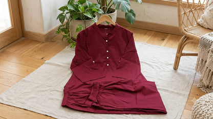 Women’s Premium Cotton Wine Co-ord Set | Button Detail Kurta with Flared Sleeves & Balloon Salwar