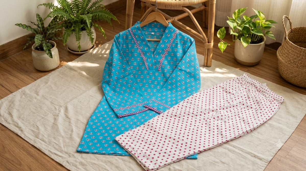 Women’s Premium Cotton Turquoise Blue & Pink Farshi Salwar Set | Printed Kurta with Contrast Lace Detailing