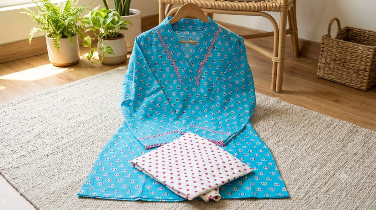 Women’s Premium Cotton Turquoise Blue & Pink Farshi Salwar Set | Printed Kurta with Contrast Lace Detailing