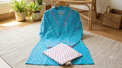 Women’s Premium Cotton Turquoise Blue & Pink Farshi Salwar Set | Printed Kurta with Contrast Lace Detailing