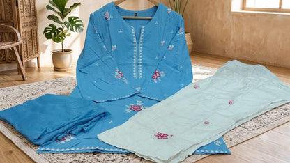 Women’s Premium Cotton Modal Farshi Salwar Set | Embroidery & Lace Detailing with Nazmin Dupatta | 3-Piece Set