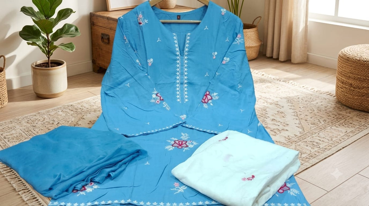Women’s Premium Cotton Modal Farshi Salwar Set | Embroidery & Lace Detailing with Nazmin Dupatta | 3-Piece Set